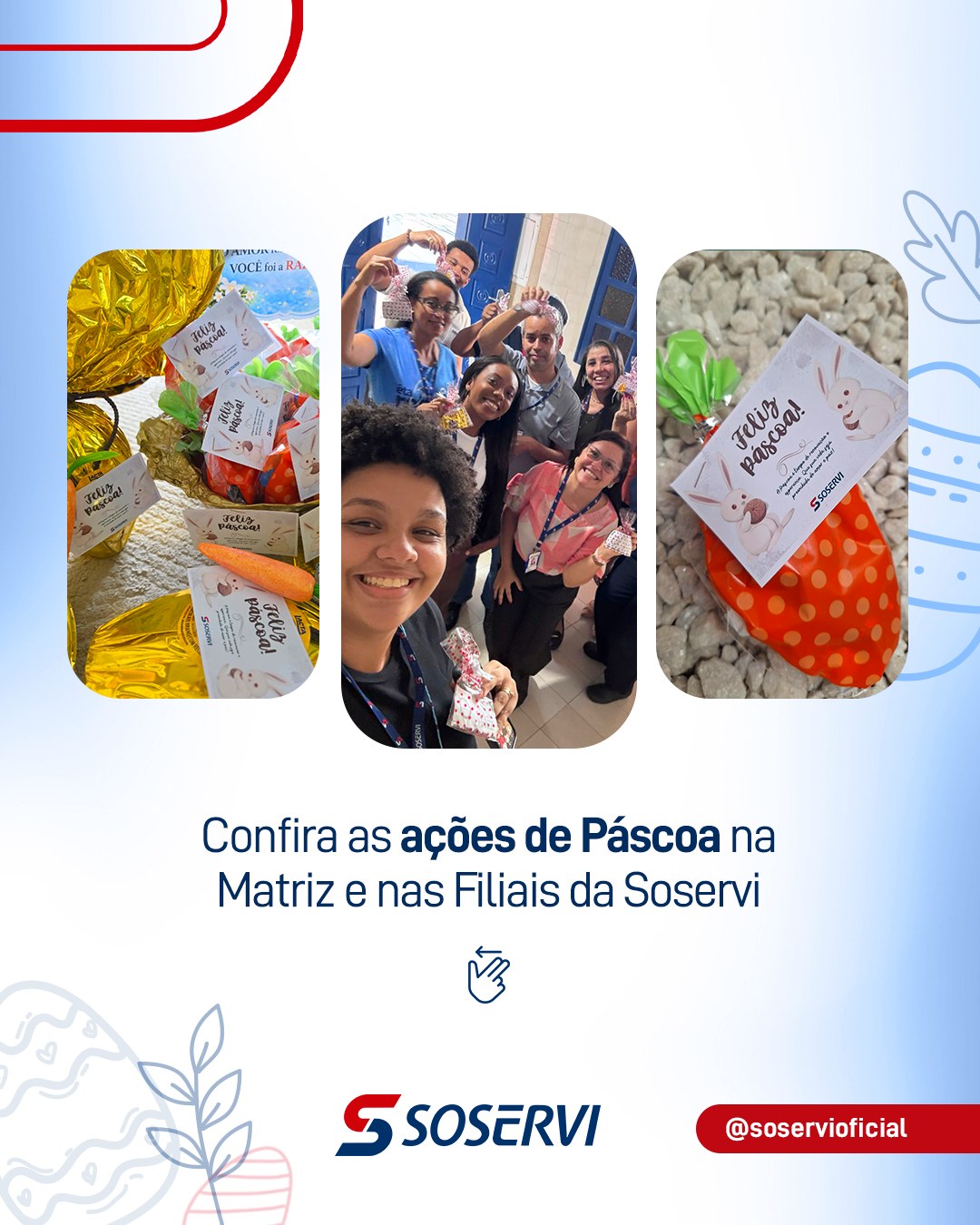 Nossas filiais e a matriz entraram no clima da Páscoa com ações especiais que levaram mais leveza, integração e alegria para o dia a dia.

Momentos simples, mas cheios de significado, que reforçam o cuidado com quem faz tudo acontecer todos os dias.

Pensou em Soservi, pensou em excelência.

#Soservi #SoserviTerceirização #Soservi53Anos