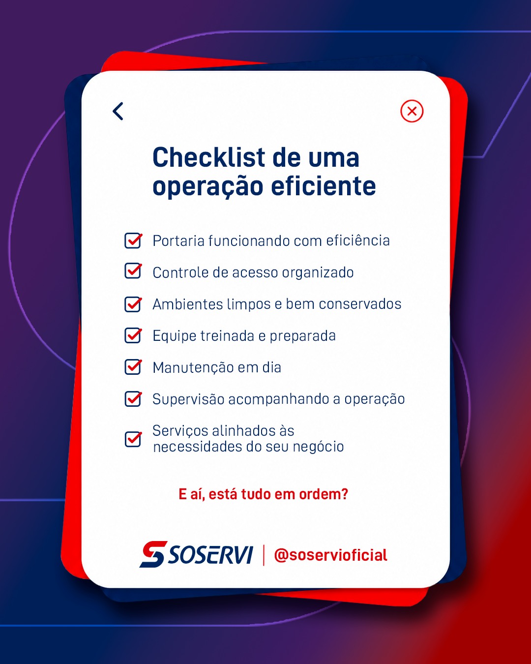 Uma operação eficiente começa nos detalhes.

Segurança, limpeza, conservação, manutenção, controle de acesso e profissionais preparados fazem parte de uma rotina que precisa funcionar todos os dias.

Com a terceirização, sua empresa conta com equipes capacitadas, supervisão e soluções adequadas às necessidades da sua operação.

Faça o checklist. Se ficou algum item de fora, a Soservi pode ajudar.

Pensou em Soservi, pensou em excelência.

#Soservi_ #SoserviTerceirização _#Soservi53Anos